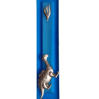 Kids Modern Mezuzah Case. Antique Silver Big Dinosaur Sign and Silver Shin