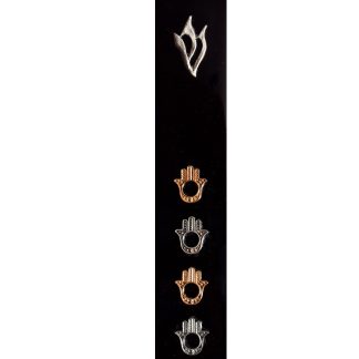 Modern Mezuzah Case. Silver Shin Letter. Gold and Silver Color Hamsa Hands